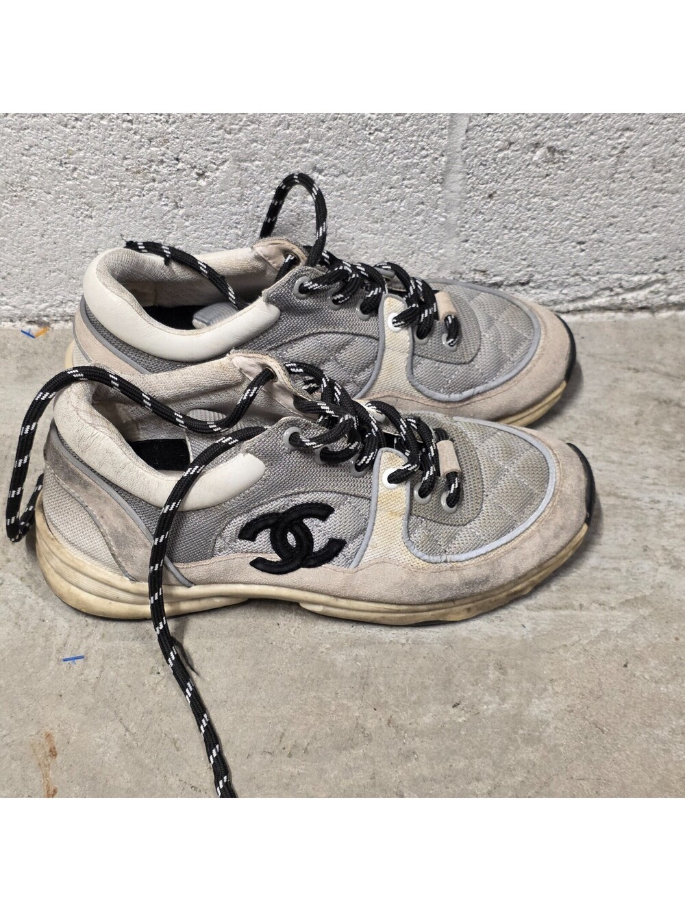Chanel CC Logo Quilted White / Grey Suede Trainer Sneakers DIRTY USED 8 38